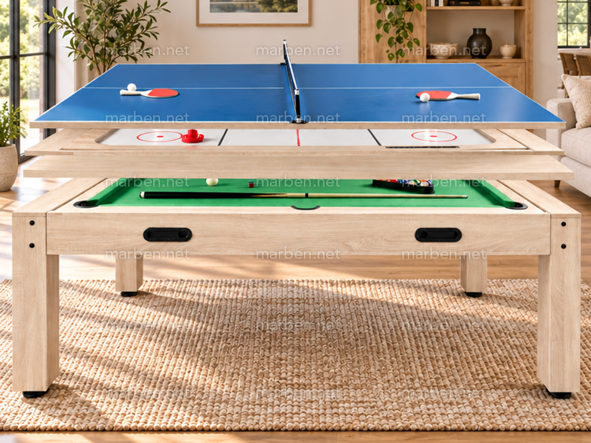 MESA MULTIJUEGO 4 EN 1 GIRATORIA 7FT, Air-Hockey, Billar, Ping-Pong, Comedor (Velvet paño azul)